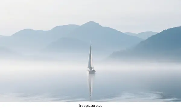 Solitary sailboat glides on misty lake with mountain backdrop