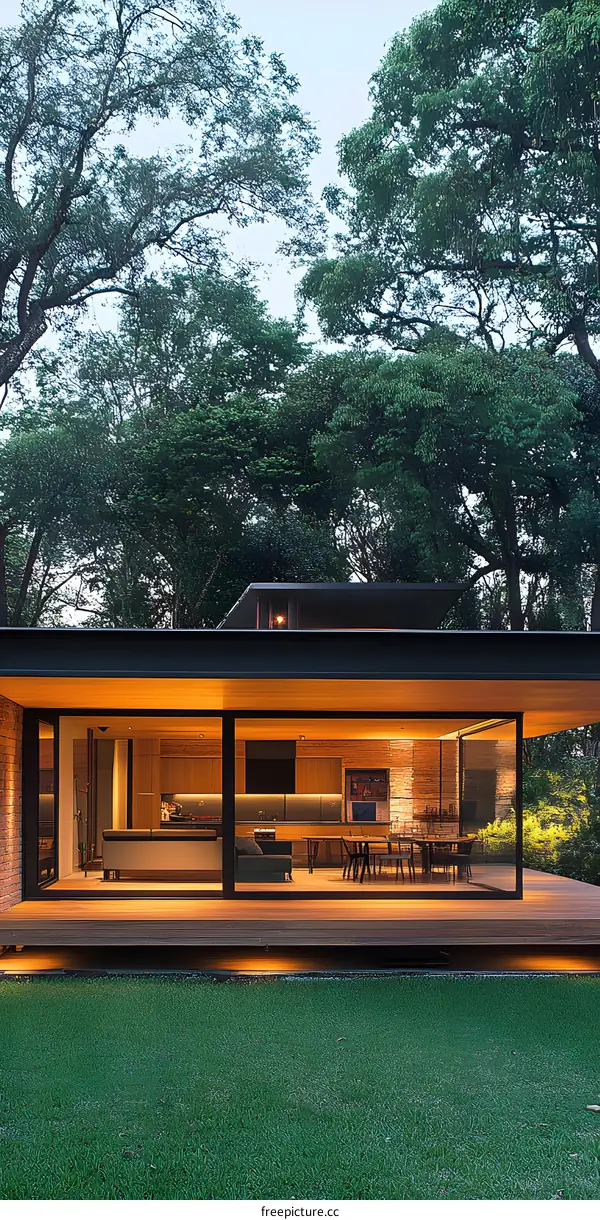 Modern House with Glass Walls and Wooden Deck Surrounded by Lush Green Trees