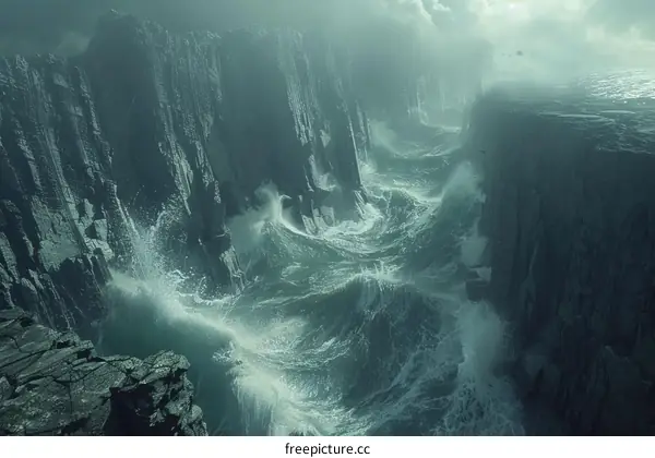 The Wild and Stormy Sea Crashes Against the Cliffs