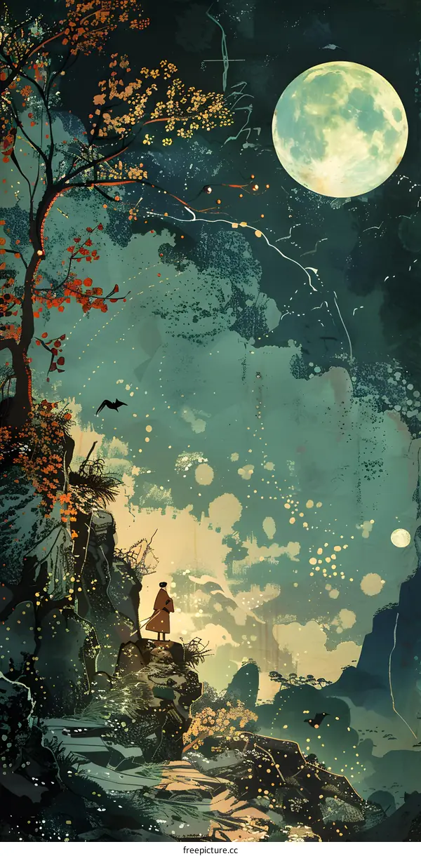 Nighttime Mountain Landscape With A Person Looking At The Full Moon