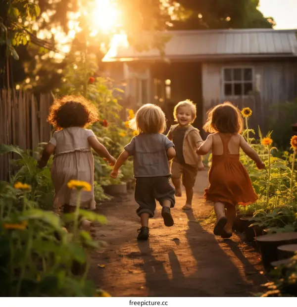 Four children running in a garden