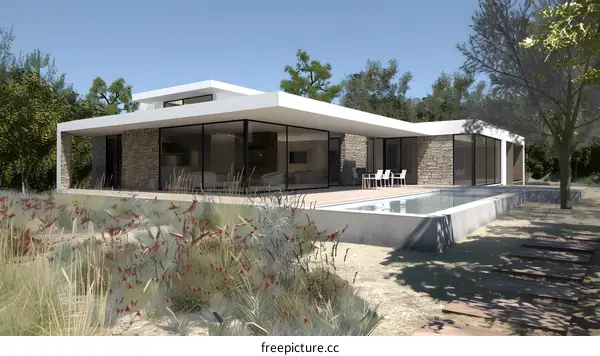 Modern House with Swimming Pool and Stone Wall