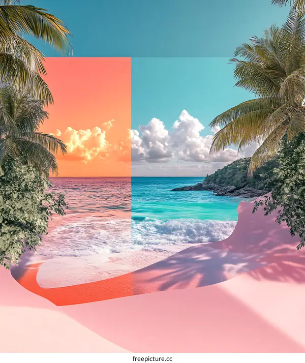 Tropical Sunset and Beach Scene with Palm Trees