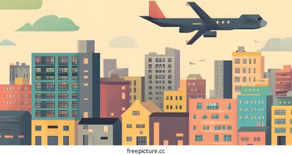 Airplane Flying Over City Skyline Illustration