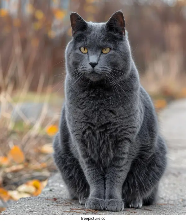 A gray cat is sitting on the ground with autumn leaves in the background