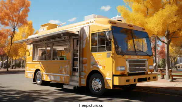 A yellow food truck is parked on a city street. The truck is decorated with colorful graffiti and has a large menu on the side.