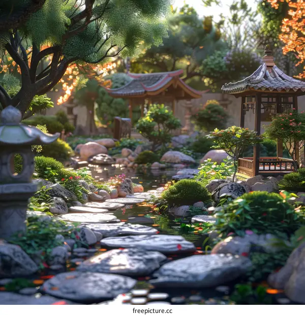 A beautiful Japanese garden with a pond, trees, and a pavilion.