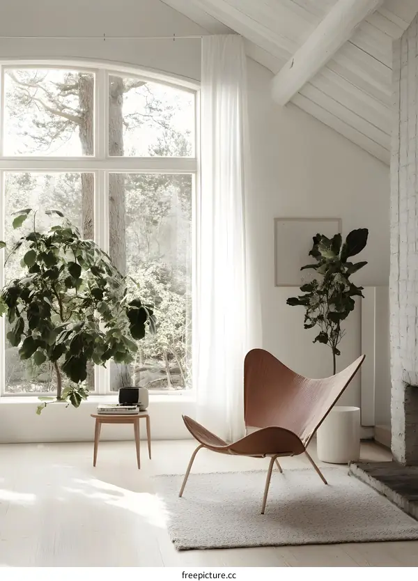 Modern Scandinavian Living Room Interior Design With Leather Chair And Large Window