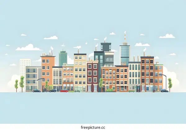 Cityscape Illustration with Buildings and Clouds