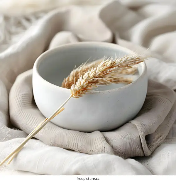 Wheat Ear in Bowl on Fabric Background