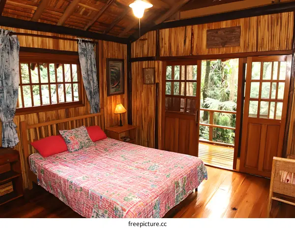 Bamboo Hut Bedroom with Wooden Bed and View of Jungle