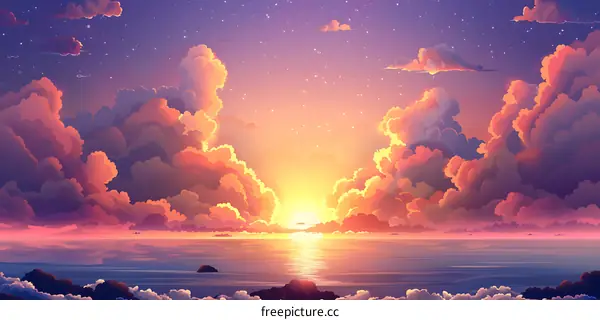 Beautiful Sunset Over the Ocean with Fluffy Clouds