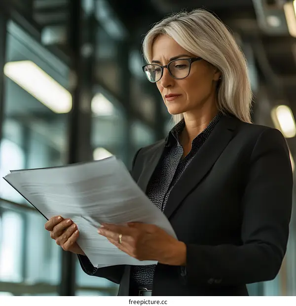 Businesswoman Reviewing Documents In Office
