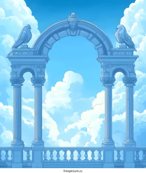 Stone Archway With Two Birds And Blue Sky