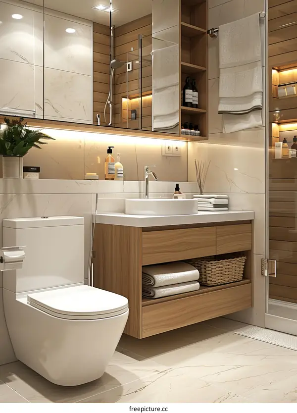 Modern Bathroom Design with Light Wood Cabinets