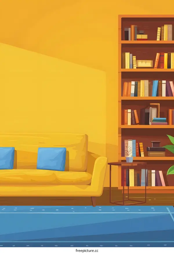Yellow Sofa and Bookshelf in Living Room Cartoon Illustration