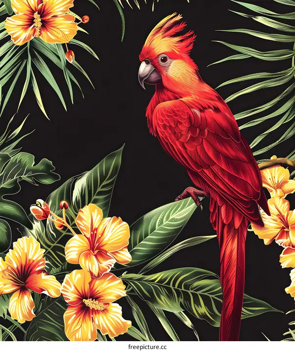 Tropical Parrot With Flowers and Leaves