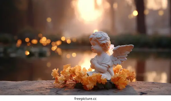 A serene angel statue by the pond at dawn