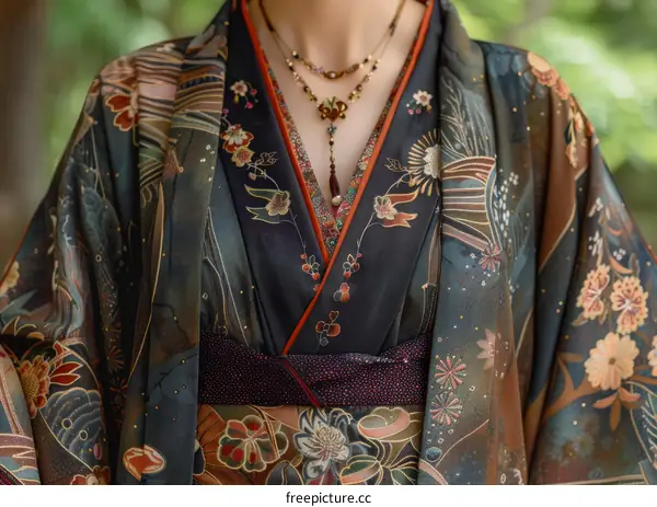 Close up of a woman wearing a kimono with a floral pattern
