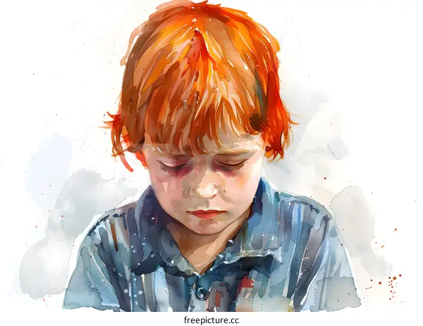 watercolor painting of a boy with red hair and blue eyes
