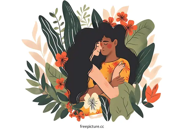 Two Women Embracing in a Garden of Flowers