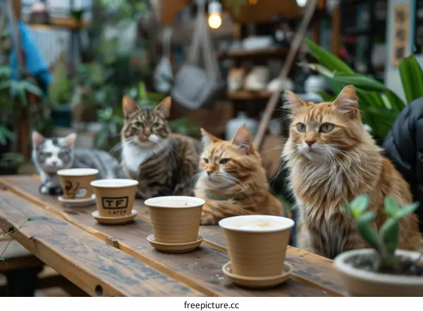 A group of cats sitting on a wooden table in a cafe