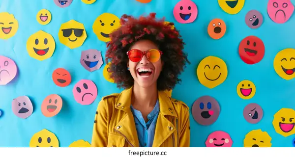 Laughing Woman with Red Hair and Emoji Background