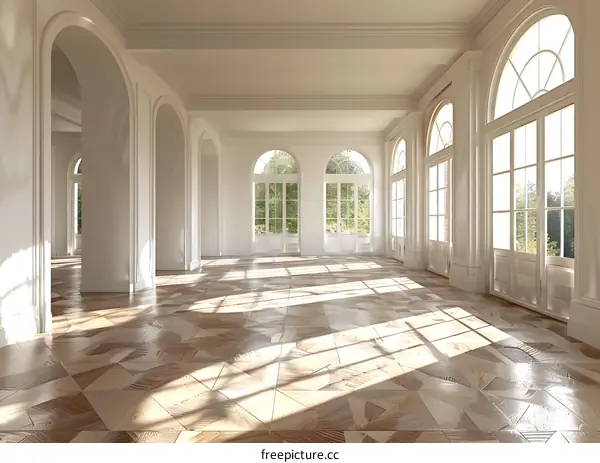 White Room Interior Design With Arched Windows And Wooden Floor