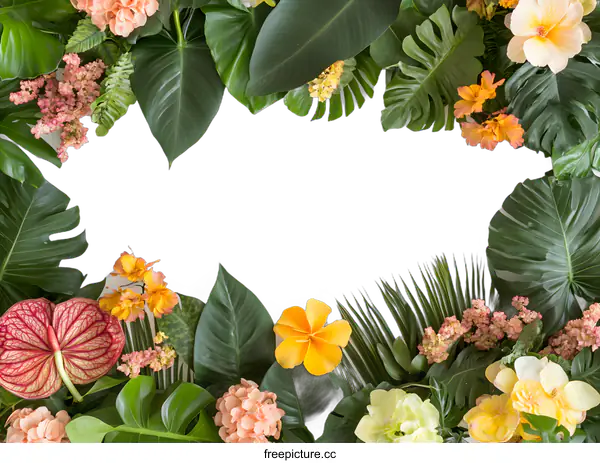 [Transparent Background PNG]Tropical Floral Frame with White Background