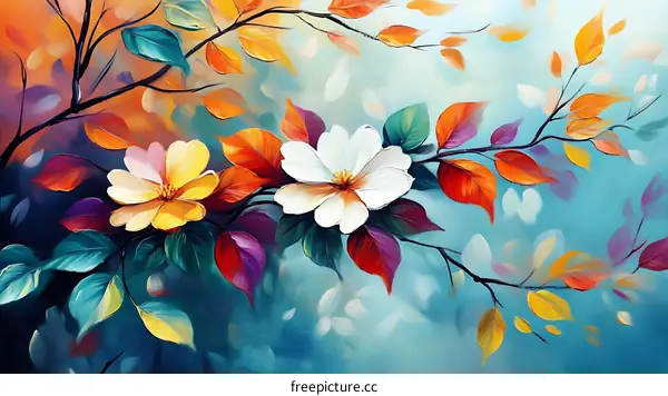 Colorful Autumn Flowers and Leaves Painting