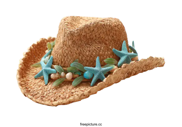 [Transparent Background PNG]Summer Straw Hat Decorated with Sea Stars
