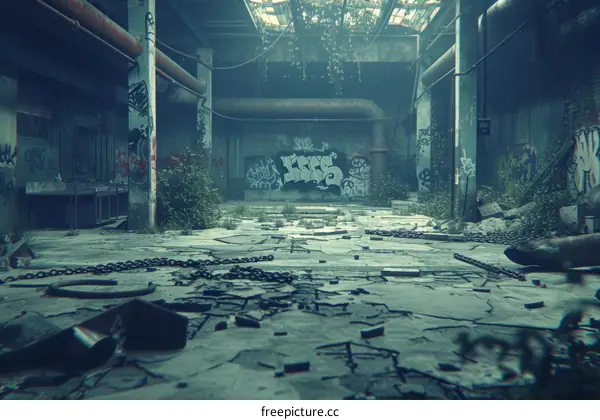 Post-apocalyptic overgrown factory interior