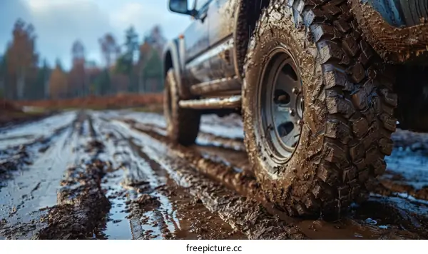 Muddy off-road tire close up
