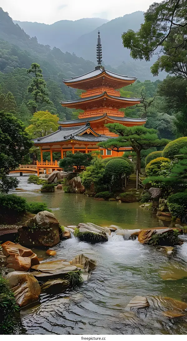 Japanese Pagoda with a Waterfall in a Lush Garden