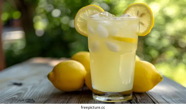 Refreshing Iced Lemonade with Lemon Slices on a Wooden Table