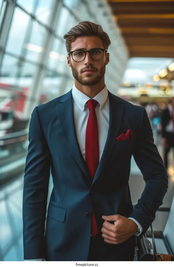 A young professional man in a suit and tie stands in an airport