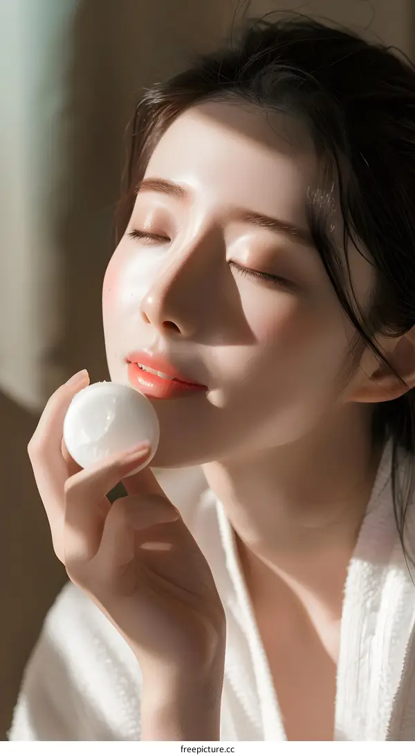 Woman in a White Robe Holding a Round Object