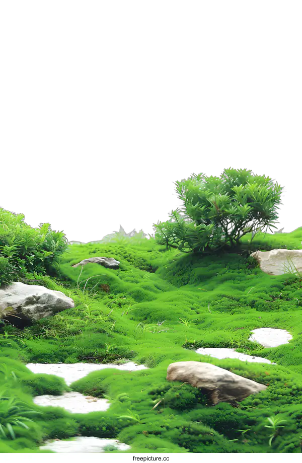 [Transparent Background PNG]Green Moss Ground with Small Tree