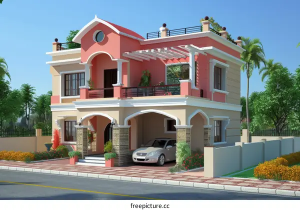 Two-story House with Pink Exterior and White Trim