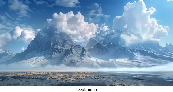 Fantasy landscape with mountains and clouds