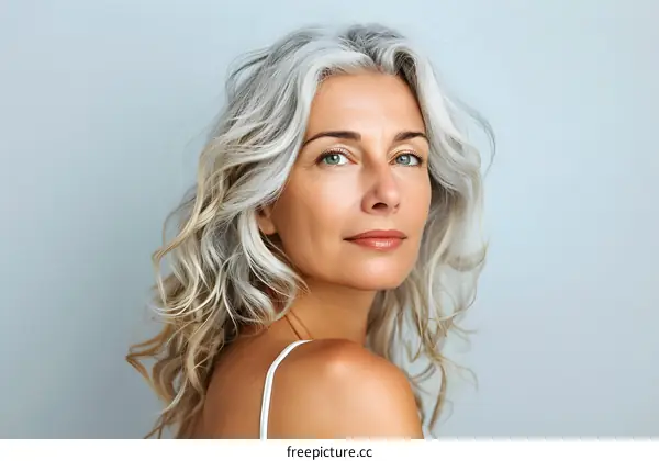 portrait of a beautiful middle aged woman with grey hair