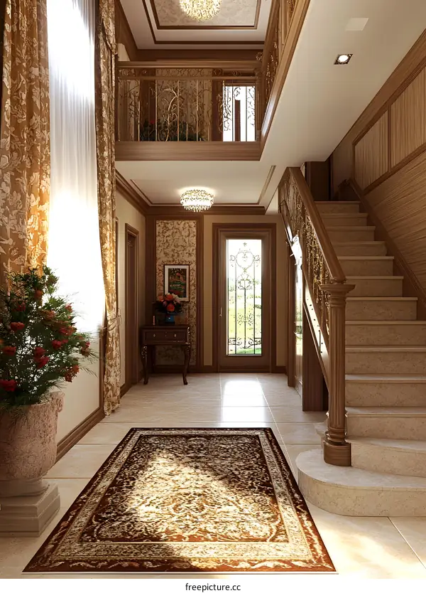 Luxury Home Interior Design With Elegant Staircase And Chandelier