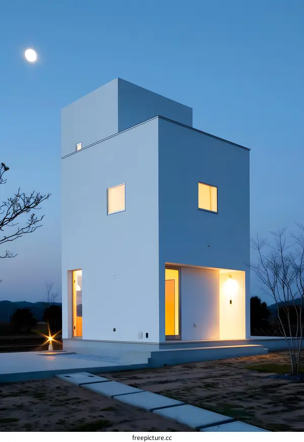 Modern White House with Minimalist Design and Large Windows