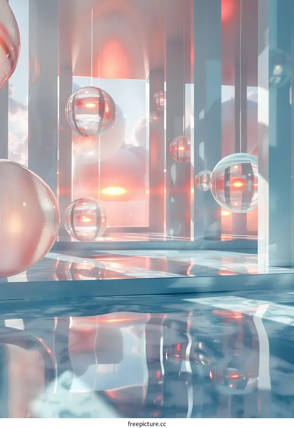Surreal Glass Spheres Floating in Pink and Blue Space