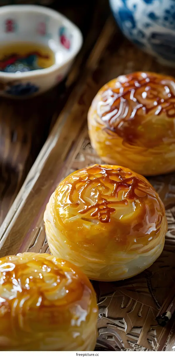 Close Up of Traditional Chinese Pastry on Wooden Tray