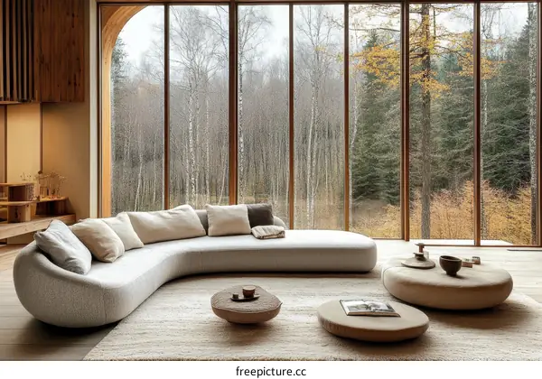 Modern Living Room with Panoramic Forest View