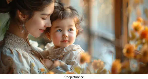 A mother and her child are looking out the window.