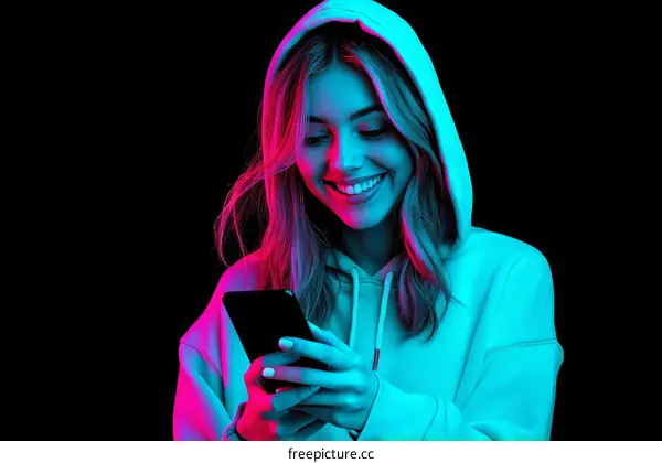 Stylish Woman Using Smartphone in Neon Light