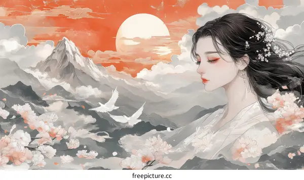 Elegant Asian Woman in a Scenic Landscape Illustration