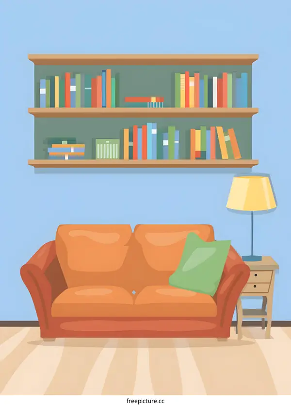 Living Room Illustration with Bookshelf and Sofa